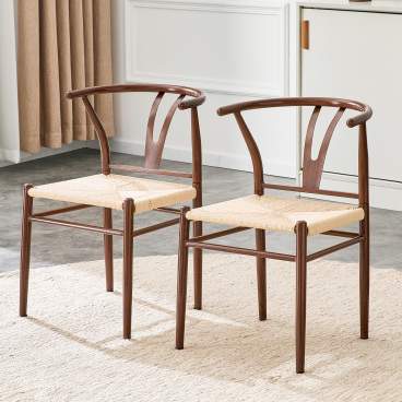 Mid-Century Modern Dining Chairs Set of 2, Farmhouse Wishbone Y-Chair with Hand-Woven Paper Rope Seat & Wood-Grain Carbon Steel Frame, Ergonomic Armchair for Dining Room,Living Room.W2920P430785