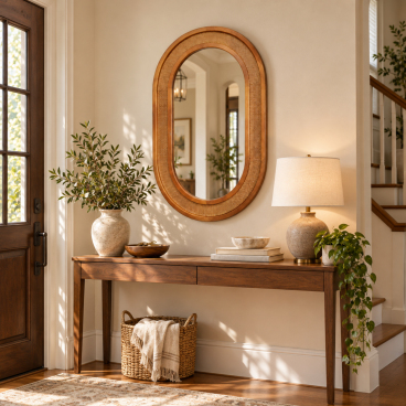 Black Walnut Color 24"x36" Rattan Oval Solid Wood Frame Decorative Mirror,For Farmhouse,Bathroom,Home Decor,Entryway