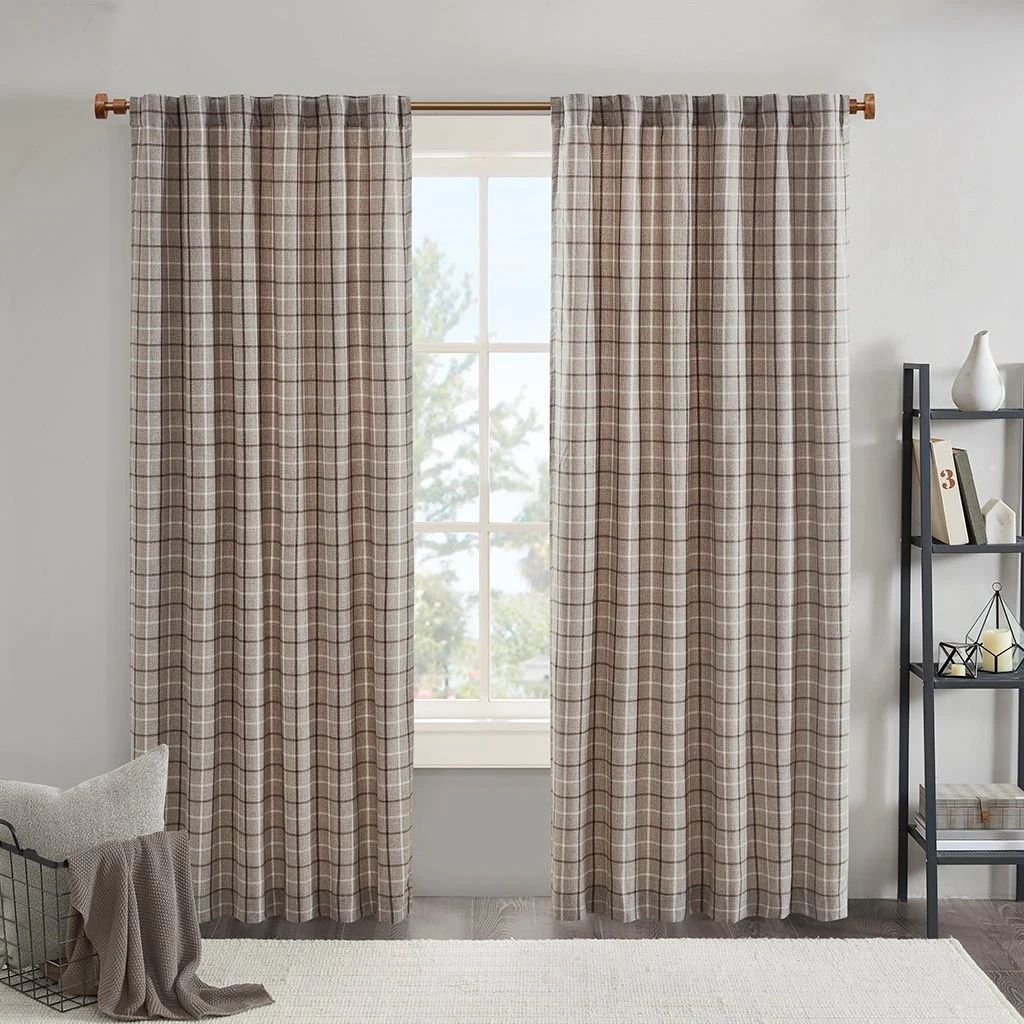Plaid Rod Pocket and Back Tab Curtain Panel with Fleece Lining Brown 50x95"