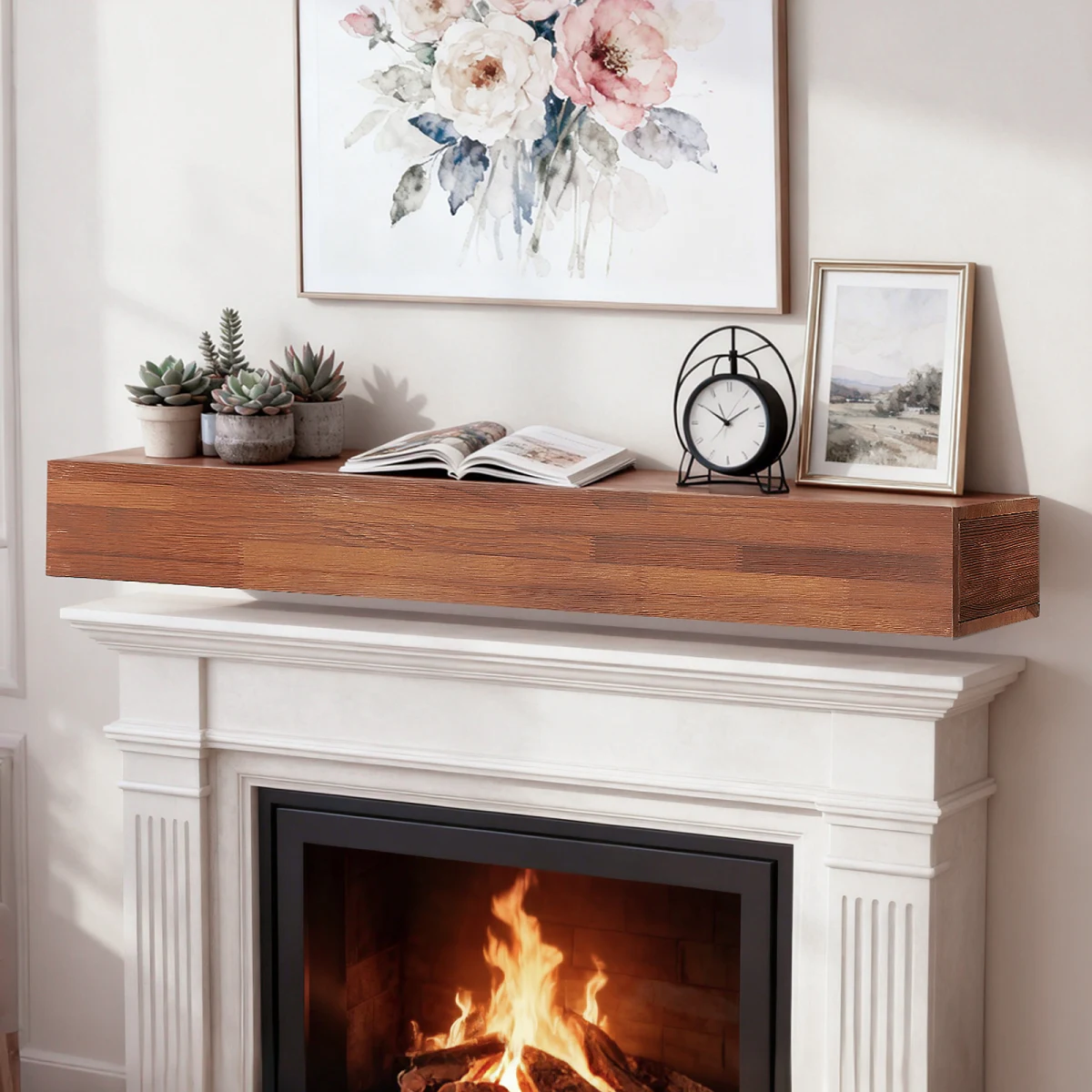 48" Rustic Wood Fireplace Mantel , Wall-Mounted & Floating Shelf for Home Decor