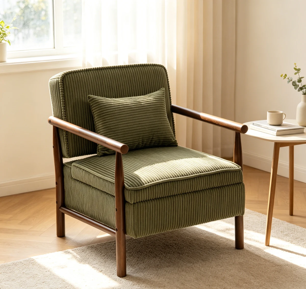 Storage Chair,Mid Century Modern Accent Chair with Solid Wood Frame, Upholstered Living Room Chairs with Waist Cushion, Reading Armchair for Bedroom Sunroom