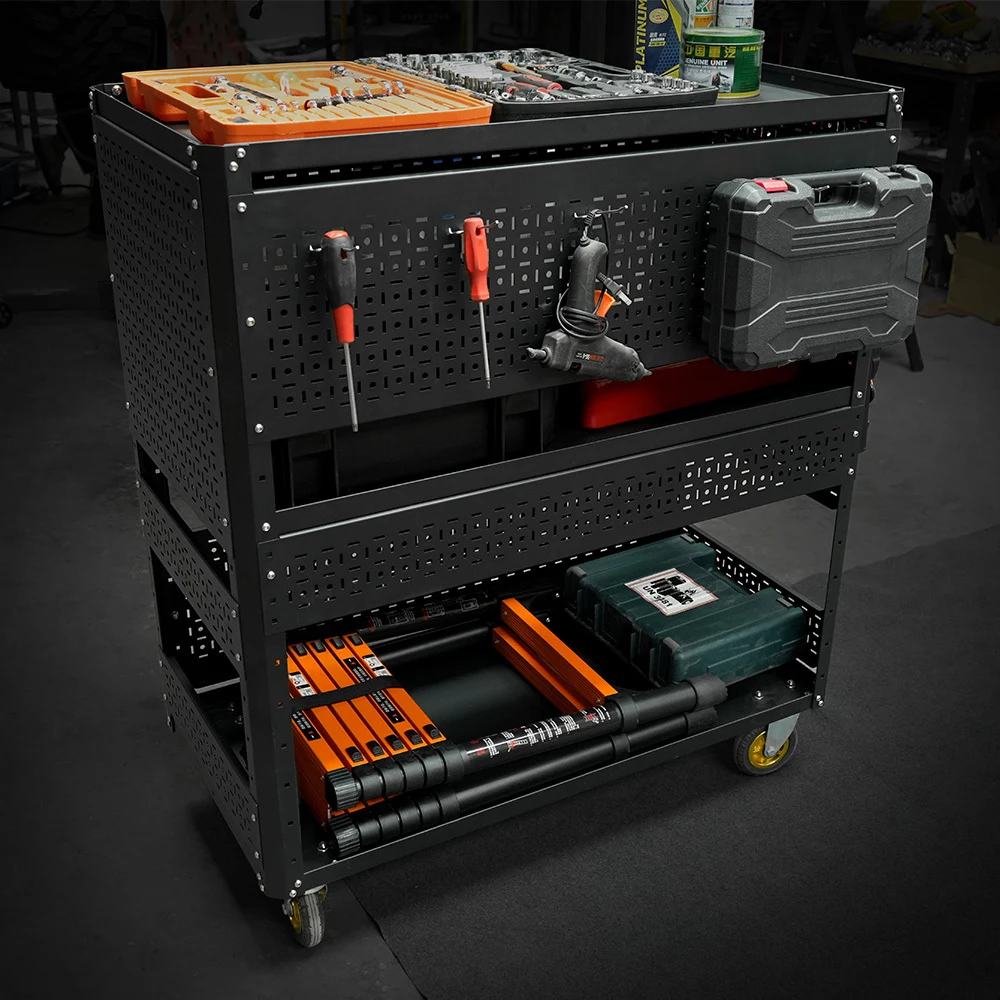 3-Tier  DIY Detachable Utility Cart Storage Tool Cart With Steel Pegboard, Foldable Rolling Tool Cart with Wheels For Garage Organizer and Tool Storage