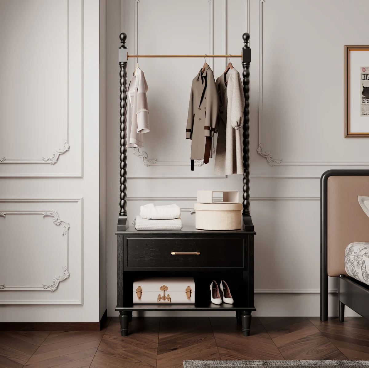Clothes Rack, Solid Wood Clothing Rack, with 2 Drawers, Coat Hanger, Floor-standing Garment Racks, for Hanging Shirts, Jackets, Coat(Black)
