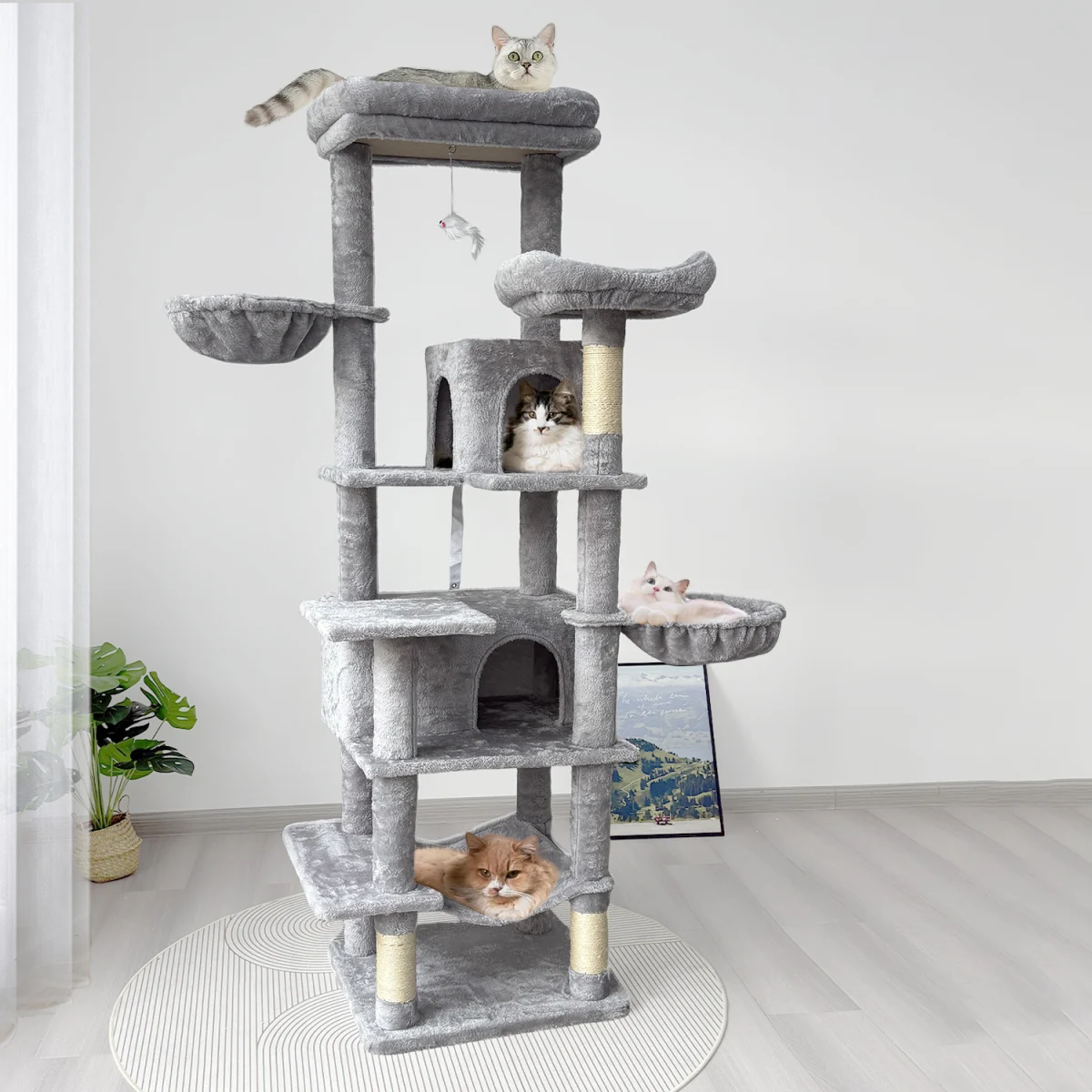 68in Tall Multi-Level Green Cat Tree with Hammocks, Hanging Basket, Cat Cave, Removeable Cushion, Scratching Posts - Plush Cat Tower for Indoor Cats, Perfect for Multiple Cats Grey