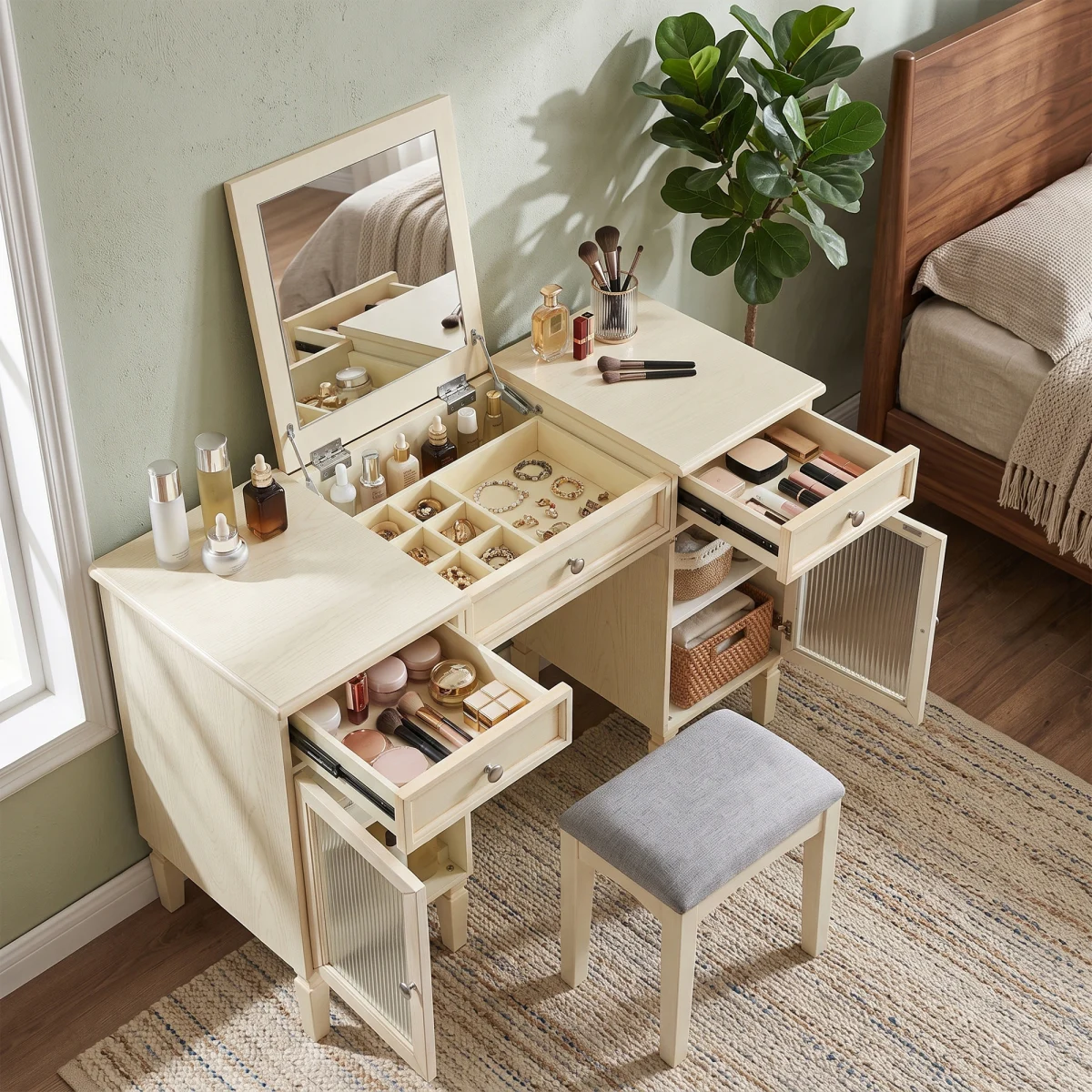 2-in-1 Makeup Vanity Desk with Flip-Top Mirror & Stool, Farmhouse Dressing Table Set with Reeded Glass Cabinets & Drawers, Multi-Purpose Desk, Dressing Room, Bedroom, Living Room, White Oak