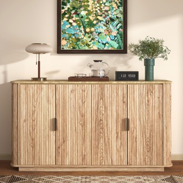 60'' Fluted Buffet Cabinet with Adjustable Shelves,Wooden Credenza with Curved Faux Marble Top,Modern 4 Door Sideboard with Dark Gold Accent Trim for Dinning Room,Entryway,Kitchen(Natural Oak)