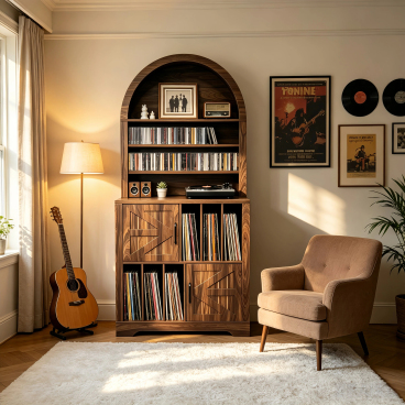 Arched Bookshelf Vinyl Record Storage Cabinet, Tall Turntable Cabinet with Closed Doors, Mid‑Century Modern Record Player Stand, Freestanding Record Cabinet for LP Album, DVD, Books for Living Room
