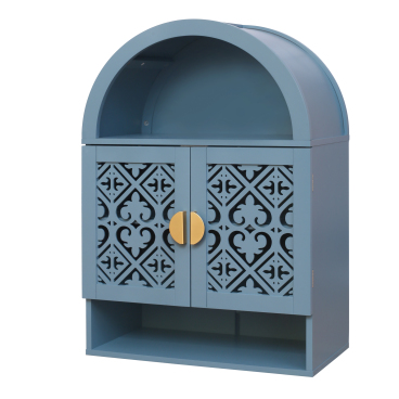 Wall-Mounted Arch Cabinet with Carved Double Doors, Dusty Blue Floating Hanging Storage Cabinet with Gold Knobs, Boho Moroccan Wall Shelf for Living Room Bedroom Entryway