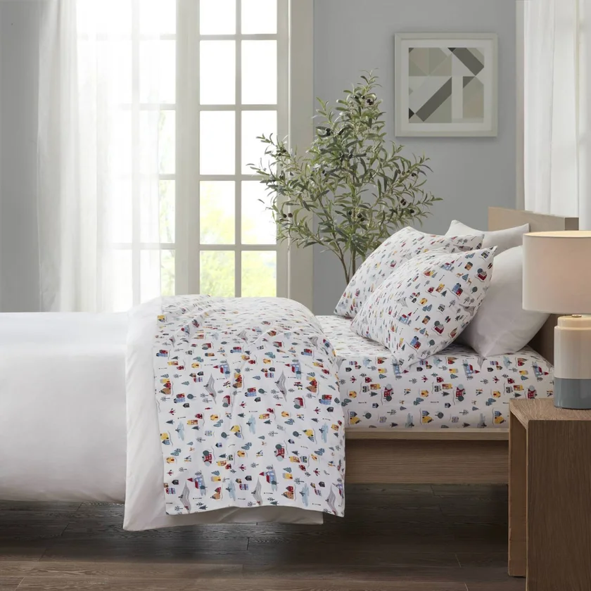 4 PCS Cal King Printed Sheet Set White Village Print