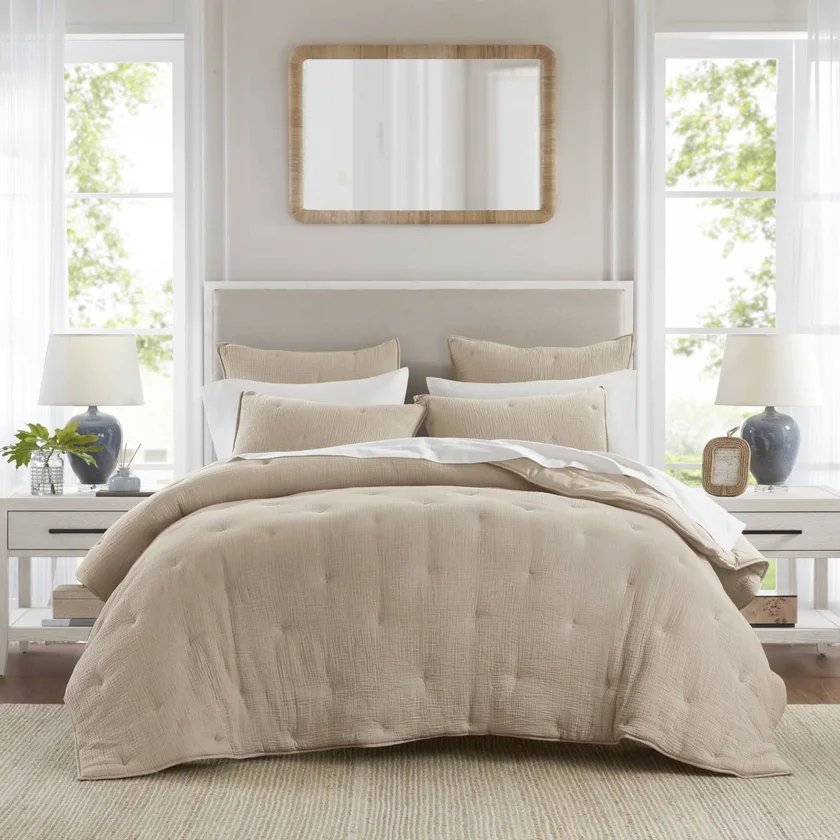 3-Piece Full/Queen Cotton Embroidered Quilt Set,Taupe