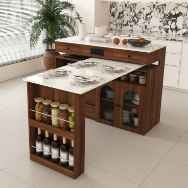 Kitchen Island with Extendable & Rotating Table, MDF with Walnut Veneer Retro Design, 4 Drawers & Glass Door Cabinets with Built-in Socket, Expandable Dining Station for 2-4 Person (Walnut)