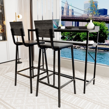 3 Piece Bar Table Set with 2 Backrest Bar Stools, Industrial Counter Height Pub Table with Storage Shelf & Raised Edge, Wooden Top Metal Frame Dining Desk for Kitchen, Apartment, Small Space
