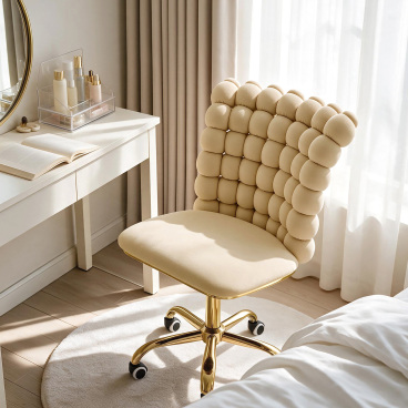 Beige Velvet Vanity Chair, Grid Bubble Padded Back Swivel Desk Chair with Gold Metal Base, Adjustable Height Cute Makeup Chair for Bedroom Dressing Room