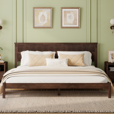 King Size Rubber Wood Bed with Ripple Decorative Headboard,Central Support Beams and Reinforced Platform Feet,Walnut/J