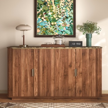60'' Fluted Buffet Cabinet with Adjustable Shelves,Wooden Credenza with Curved Faux Marble Top,Modern 4 Door Sideboard with Dark Gold Accent Trim for Dinning Room,Entryway,Kitchen(Walnut)