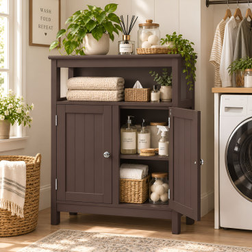 ESPRESSO Freestanding Bathroom Storage Cabinet with Open Compartment, 2‑Door Wooden Floor Cabinet with Adjustable Shelf for Bathroom Hallway Living Room